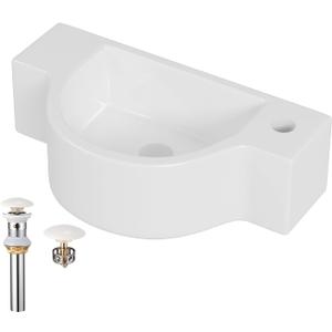 Wall Mount Bathroom Vessel Sink, 17.8 Floating Ceramic Basin for Small Bathroom with Pop-up Darin, No Overflow, White