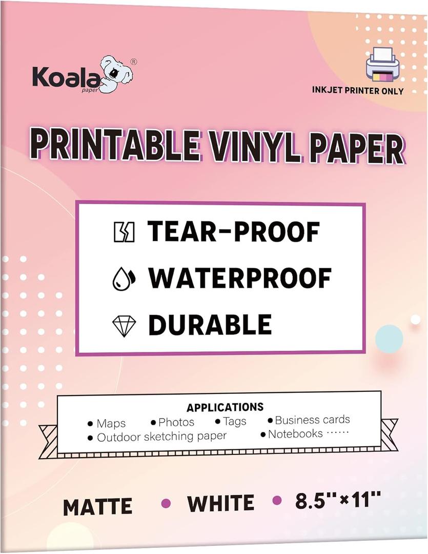 KOALA PAPER Waterproof Paper for Inkjet Printer, 8.5x11 Inch 30 Sheets, Matte White Tear-Resistant Printable Paper, Durable and Quick-Drying KOALA PAPER Waterproof Paper for Inkjet Printer, 8.5x11 Inch 30 Sheets, Matte White Tear-Resistant Printable Paper, Durable and Quick-Drying