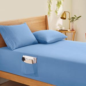Horbaunal Extra Deep Pocket Queen Fitted Sheet Only - Fits Up to 24 Inch Mattress - Luxury 1800 Thread Count - Microfiber Blue Fitted Bed Sheet Queen Size