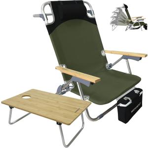 Folding Backpack Beach Chair Aluminum 5-Position with Small Camping Table Bamboo Lay Flat Lounge Chair Outdoor for Adults with Insulated Cooler Bag (Olive)