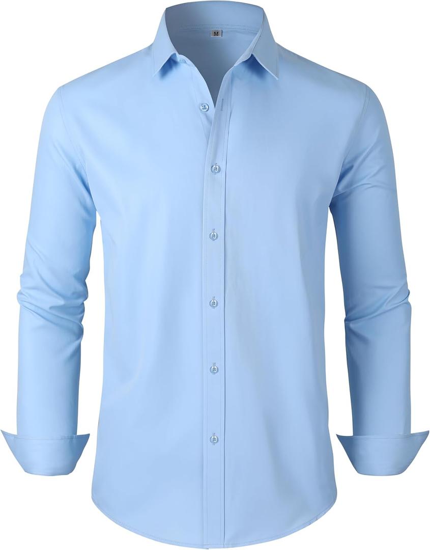 Men's Dress Shirts Regular Fit Solid Long Sleeve Formal Shirt Business Casual Button Down Shirts (Blue, XL)
