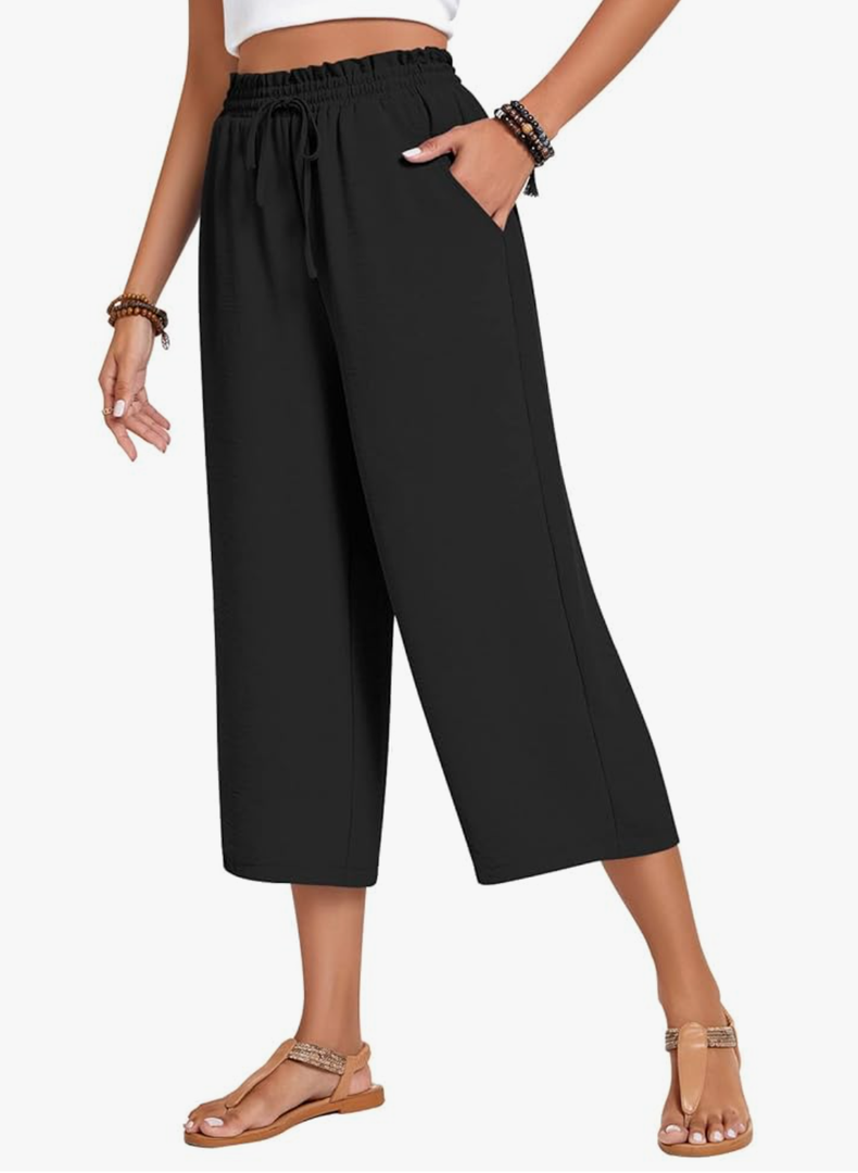 Anyhold Women's Capri Pants Drawstring Casual Palazzo Trousers with Pockets Loose High Waisted Wide Leg Lounge Pants 3XL