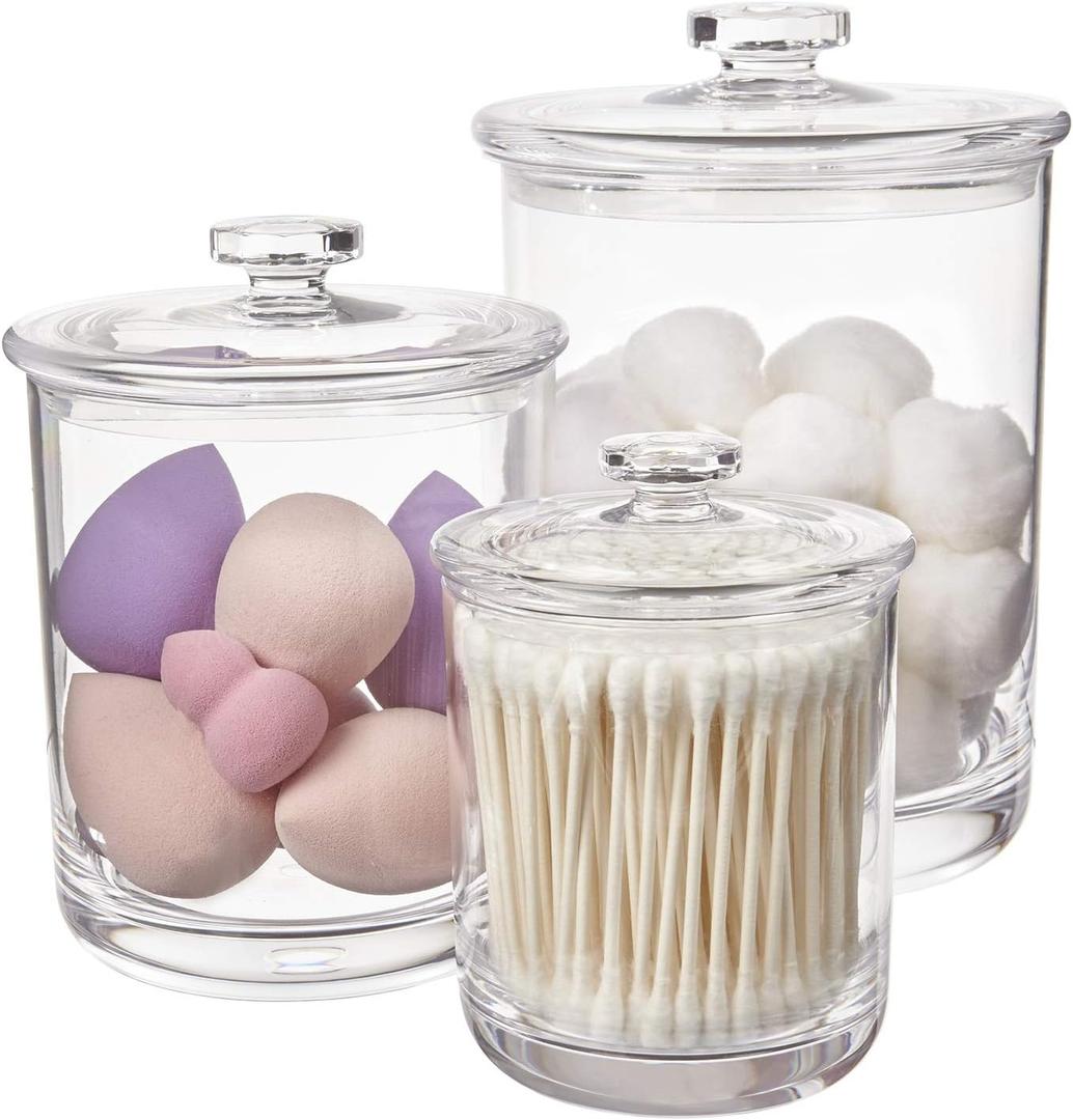 STORi 3-Pack Premium Quality Qtip and Cotton Ball Holders | 15-oz, 30-oz, and 60-oz Clear Plastic Apothecary Jars with Lids | Perfect Containers for Bathroom and Vanity | Set of 3 (Multi-Sized)