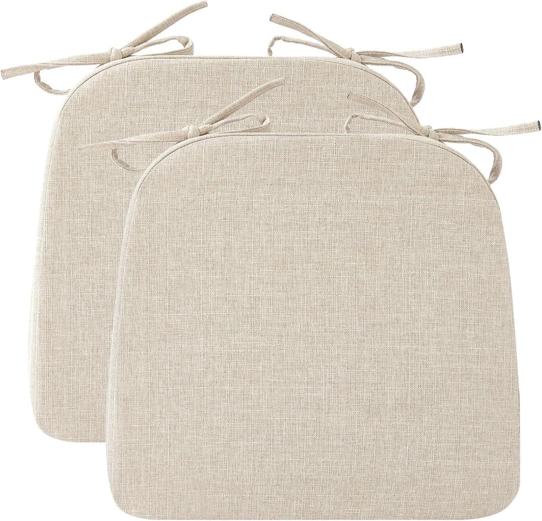 Ruqmuis Chair Cushions for Dining Chairs, 2" Thick Seat Cushions for Kitchen Chairs, D-Shaped Chair Pads with Washable Cover, Ties and Non Slip Backing, 17'' x 16'', Set of 2, Beige