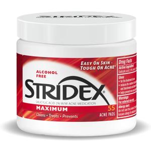 Stridex Medicated Acne Pads, Maximum, 55 Count  Facial Cleansing Wipes, Alcohol Free, Acne Treatment for Face, For Moderate Acne, Smooth Application (RED)