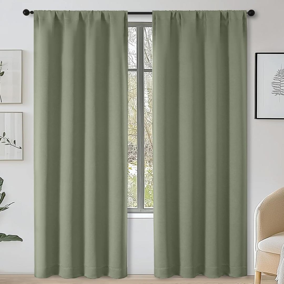 OWENIE Sally Sage Green Blackout Curtains for Bedroom Living Room 72 Inch Length 2 Panels Set, Privacy Thermal Insulated Rod Pocket Window Curtains for Patio French Front Door, W40 x L72 Inch, Sage