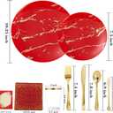 N9R 225PCS Red Gold Plastic Dinnerware Set - Disposable for Mothers Day, Includes 25 Dinner Plates, 25 Dessert Plates, 25 Forks, 25 Spoons, 25 Knives, 25 Gold Cups, 25 Napkins & Table Cards