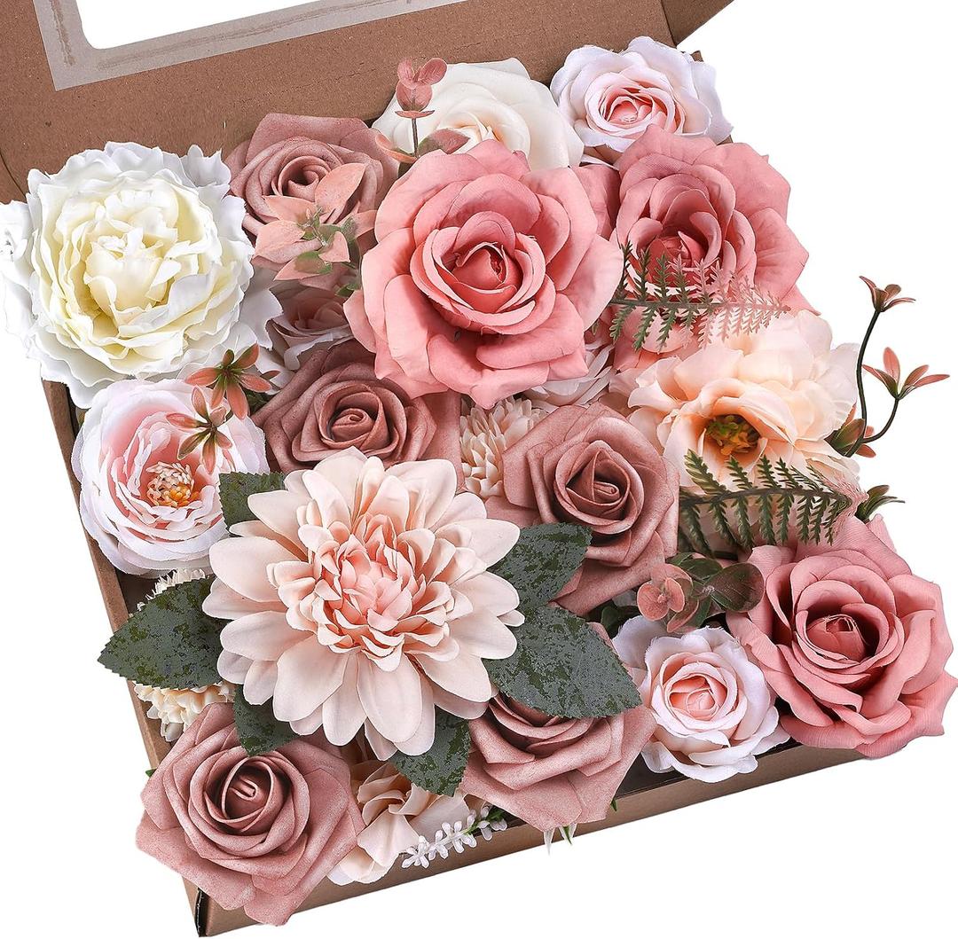 BSMYBO Artificial Flowers Combo Dusty Pink Flowers Bouquets Fake Roses Faux Floral Arrangements for Wedding Bridal Bouquets, Baby Shower, Floral Arrangement, Table Centerpieces, Home Decorations