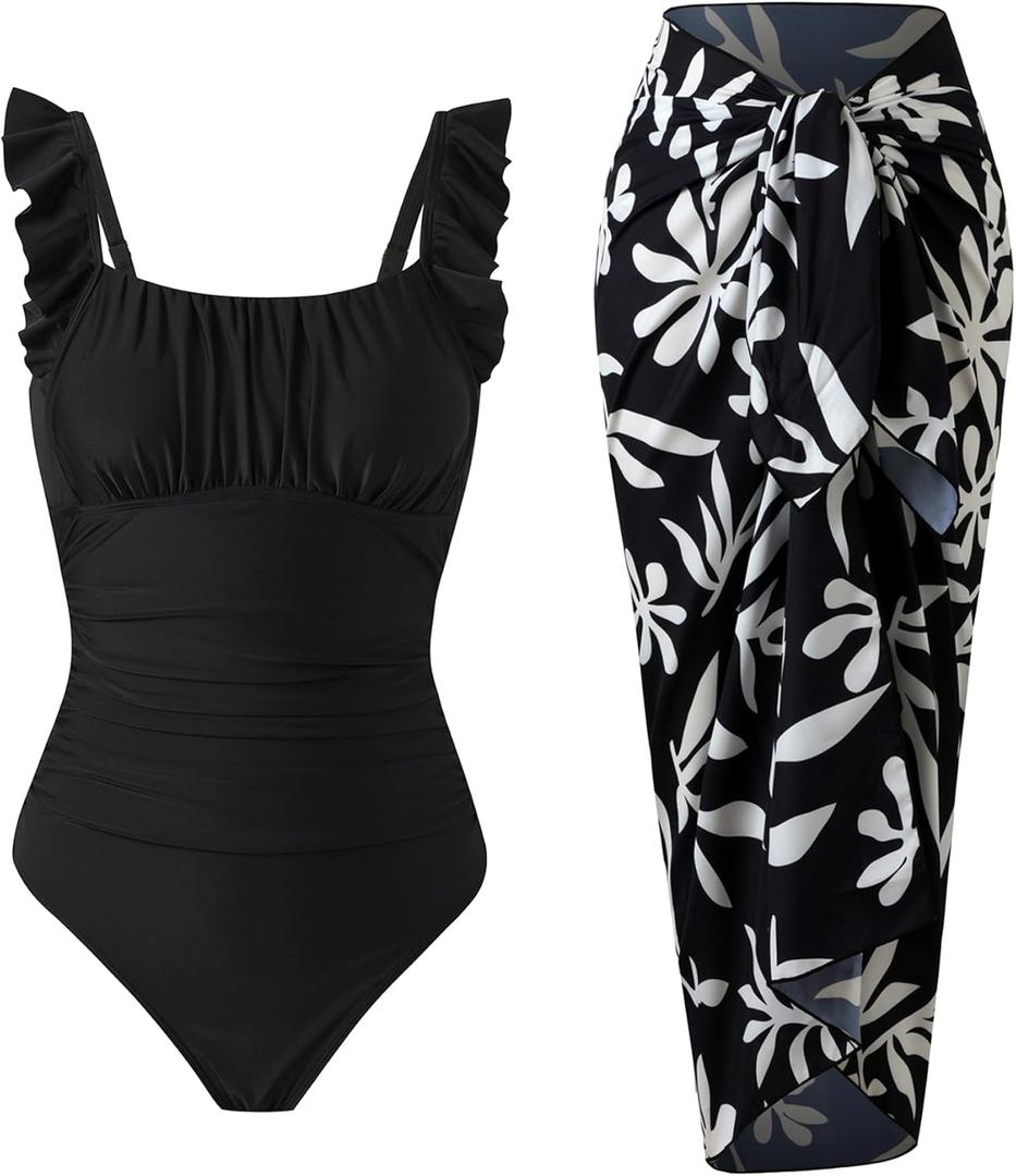 Women's Vintage One Piece Swimsuit with Skirt 2 Piece Bathing Suit Set with Cover Up Tummy Control Slimming Swimwear (Medium, Black)