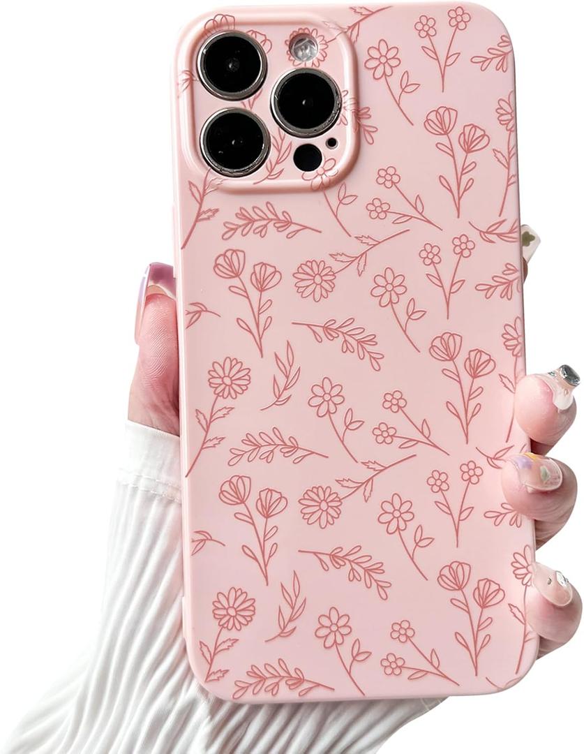 NITITOP Compatible with iPhone 15 Pro Case Cute for Women Girl Vintage Flower Floral Leaves Pattern Trendy Slim Fit TPU Silicone Shockproof Girly Fashion Protective Phone - Pink
