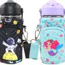 Water Bottle Carrier Bag for Kids, Insulated Holder With Adjustable Strap for 10/12/14/16/18oz Bottles, Sleeve for Boys Girls School Travel Sports (2 Packs-Mermaid+Astronaut)