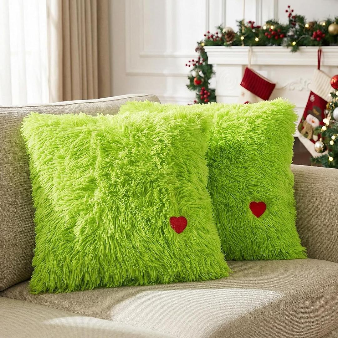 VitalCozy 2 Pcs Christmas Lime Green Throw Pillow Cover 20x20 Inch Decorative Xmas Faux Fur Pillowcases with Zipper Closure Plush Soft Lime Green Fuzzy Decor for Christmas Couch Sofa(Heart Pattern)