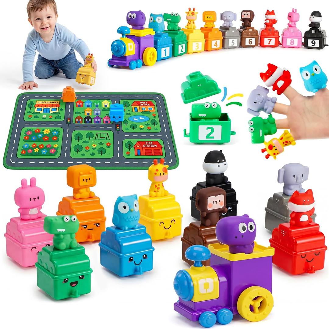 URMYWO Learning Toys for 1 2 3 Years Old Boy Girl, Toddler Montessori Toys, Train Set with 10 Finger Puppets & Play Mat, Counting Matching & Sorting, Toddler Birthday Gift