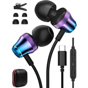 USB-C Headphone for iPad A16 11 10, Type-C Wired Earbuds for Samsung A17 S25 FE S26 Ultra S24 S23 Pixel 10a 9 9a, Noise-Canceling HiFi Stereo Earphone in-Ear Headset for iPhone 17 Pro Max 16e 16 15 17e (Purple Blue)