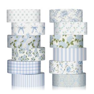 12 Rolls Watercolor Floral Washi Tape Set 15 mm Vintage Flower Decorative Masking Tape for Spring Arts DIY Craft Scrapbook Journal Supplies Gift Wrapping(Dusty Blue,Rose and Hydrangea)