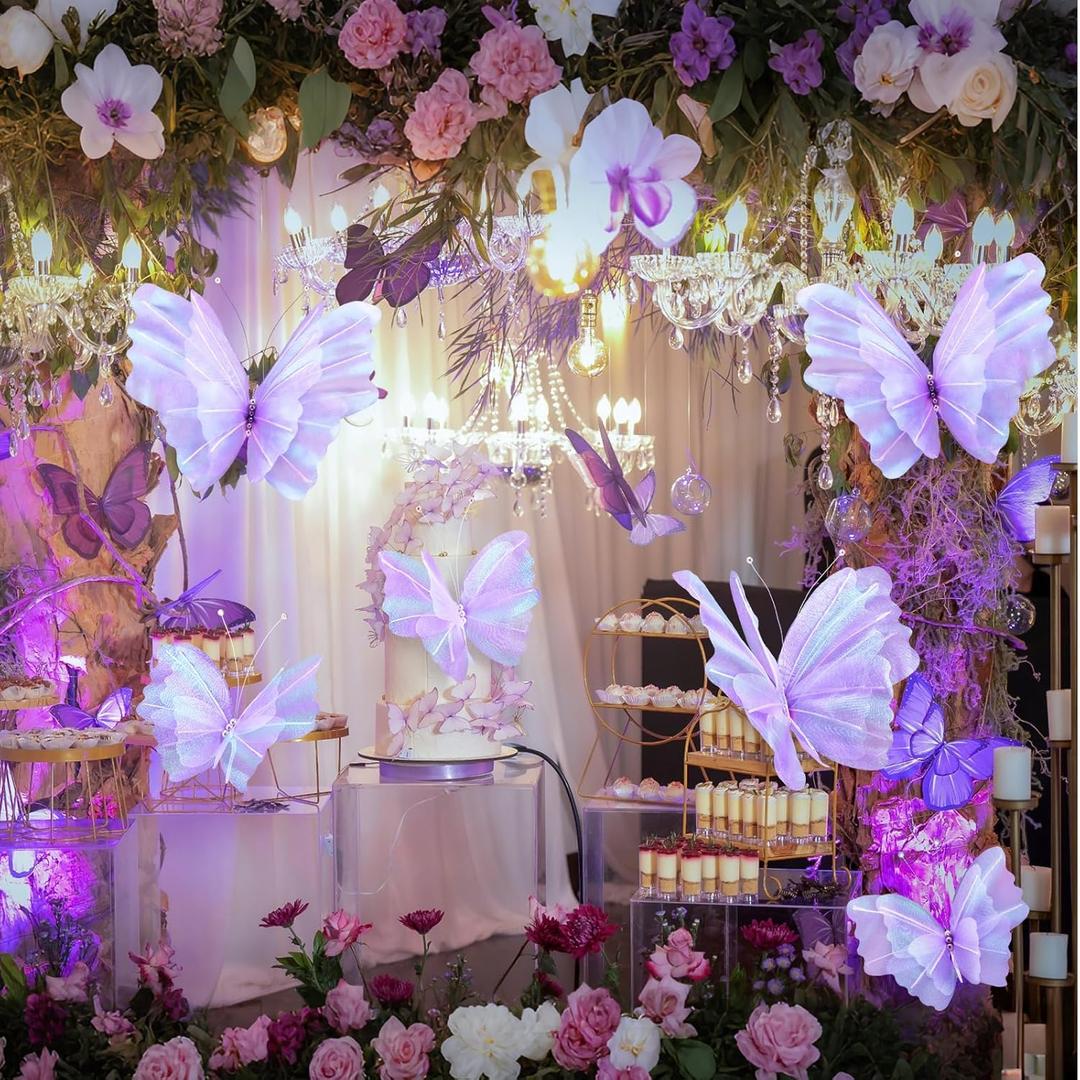 Geelin 6 Pcs Large Purple Butterfly Decorations Mariposas Grandes para Decoracion Big Butterfly Party Decor 20 Inch 12 Inch 3D Silk Butterflies for Baby Shower Women Birthday Party Wedding Decor