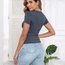 PALINDA V Neck Slim Fitted Shirts for Women Basic Casual Short Sleeve T Shirts Going Out Tops Sexy Y2K Tees (Blue, XL)