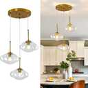 3-Light Gold Chandelier Modern Kitchen Island Pendant Light with Clear Glass Globe Shades Adjustable Height Flush Mount Ceiling Light Fixture for Dining Room Bedroom Living Room.