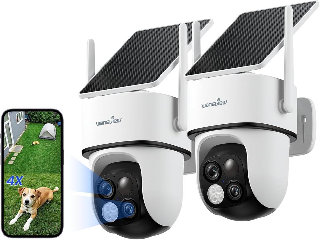wansview Security Cameras Wireless Outdoor-2K Dual Lens Home Security Cameras, 360 View, Solar Panel Battery Powered, Color Night Vision, PIR Sensor, IP65 Waterproof, Work with Alexa, B7 2P White