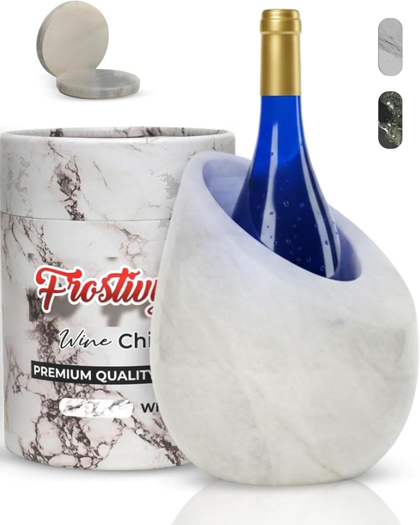 Marble Wine Chiller Bucket Set With 2 Marble Coasters 750ml Wine Bottle Cooler for Party, Dinner, Kitchen & Bar Cart Decor Elegant Champagne Cooler Gift for Wine Lovers (White) (EXP 06/20/54)