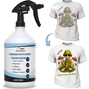 NGOODIEZ Sublimation Spray for Cotton T-Shirts & Polyester | Complete Kit with Pro Guide | Sublimation Coating Spray for All Materials | Quick Dry, Anti-Fade, Washable, One Step Application (250ml) (8.45 Fl Oz (Pack of 1))