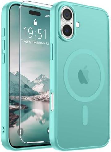 SUPFINE Magnetic for iPhone 16 Case (Compatible with MagSafe) (Military Grade Drop Protection) Slim Translucent Matte Shockproof with Anti-Fingerprint Phone Case, Blue Green