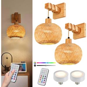 NOVCAND Battery Operated Wall Sconce Set of Two, Rechargeable Bamboo Wall Sconces with Remote RGB 15 Colors Dimmable, Farmhouse Boho Wall Lights for Bedroom Living Room Entryway