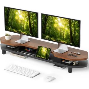 Dual Monitor Stand Riser, 39.4 Inch Large Monitor Stand with Storage Shelf, 2-Tier Desk Organizer for PC, Laptop, Printer | 2 Slots for Phone/Tablet, Computer Monitor Riser, Wood Desk Shelf for TV