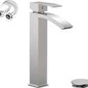 Brushed Nickel Vessel Sink Faucet, Greenspring Waterfall Bathroom Faucets, Tall Spout Single Handle Single Hole Bathroom Faucets with Pop Up Drain and Without Overflow Basin Faucet Supply Line