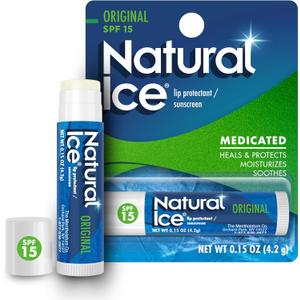 Mentholatum Natural Ice Original Medicated Lip Balm, Hydrating Lip Care for Dry, Chapped Lips, Moisturizing Formula with SPF 15 Helps Prevent Sunburn, Protection for Smooth, Soft Lips (Pack of 12)