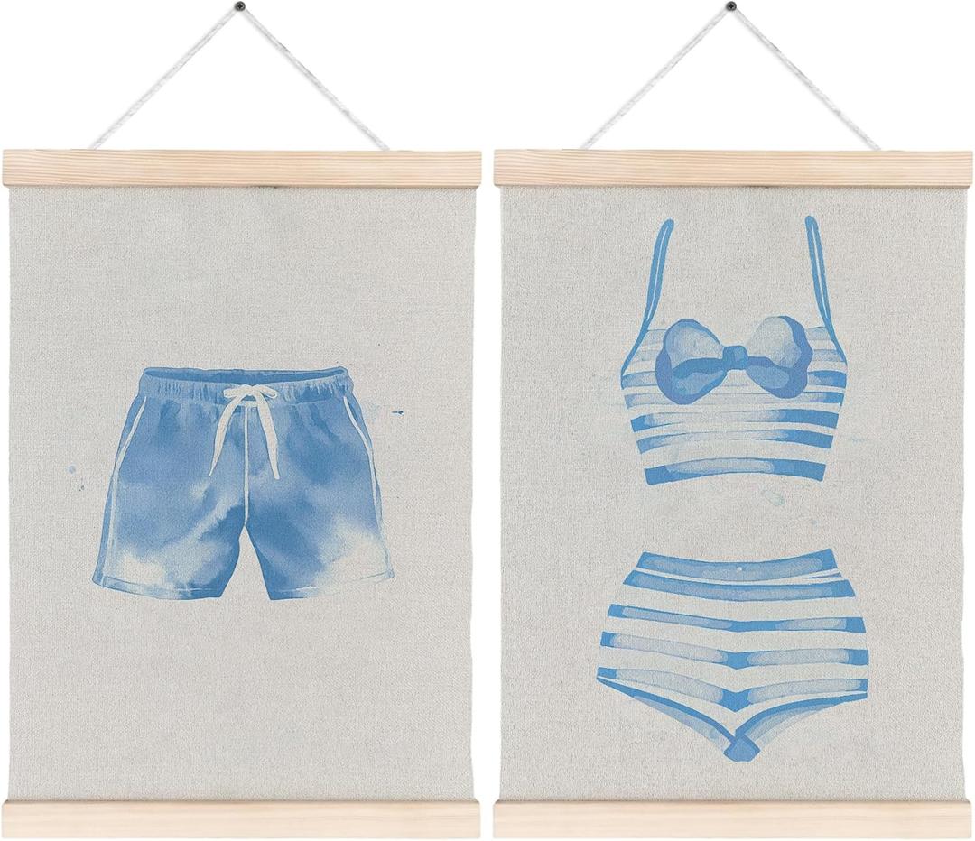 Blue Summer Beach Swimsuit Canvas Wall Art Poster, Beachy Room Decor, Preppy Coquette Bow Striped Coastal Wall Decor Prints for Girls Dorm Apartment Home, 12x16 Inches Set of 2