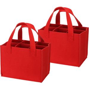 PATIKIL 6 Bottle Wine Carrier Tote with Divider, 2 Pack Wine Bottle Carrier Gift Bag, Reusable Felt Grocery Bag, Red