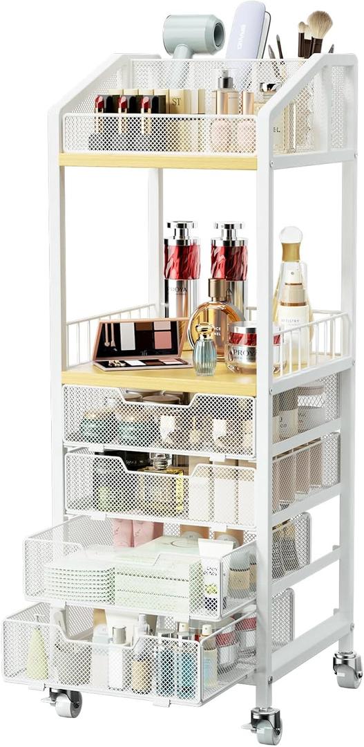 HapiRm Makeup Organizer Storage Cart - Floor Skincare Make Up Storage with 4 Drawers, Rolling Makeup Cart Vanity Organizer Cosmetics Display Cases Holder for Skin Care Perfume Nail Polish (Natural)