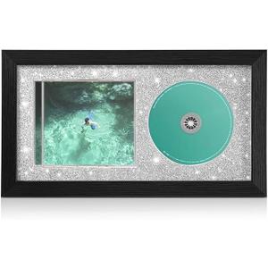 CD Display Frame for CD Case and Discs with Solid Wood, Wall Mounted and Desktop Signed CD Display Frame, Glitter Shining Black Style, 7.9"x14.3"