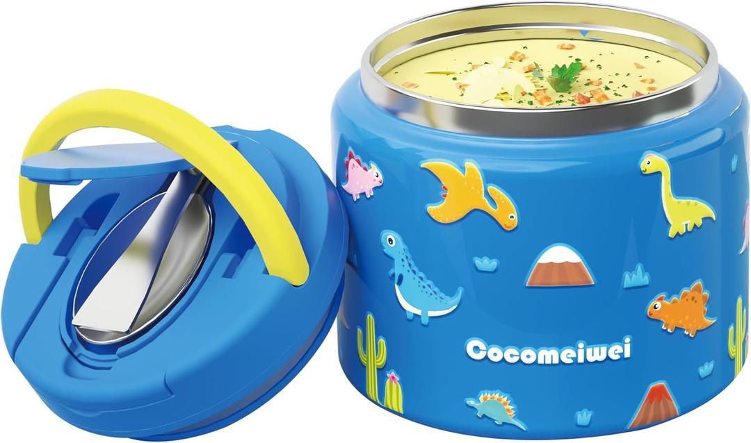11.8 oz Thermo for Hot Food, Soup Thermo Stainless Steel, Hot Food Container with Fold-up Spoon, Flip Open Lid School Insulated Food Jar, Keep Hot & Cold for Work,Blue-Dinosaurs