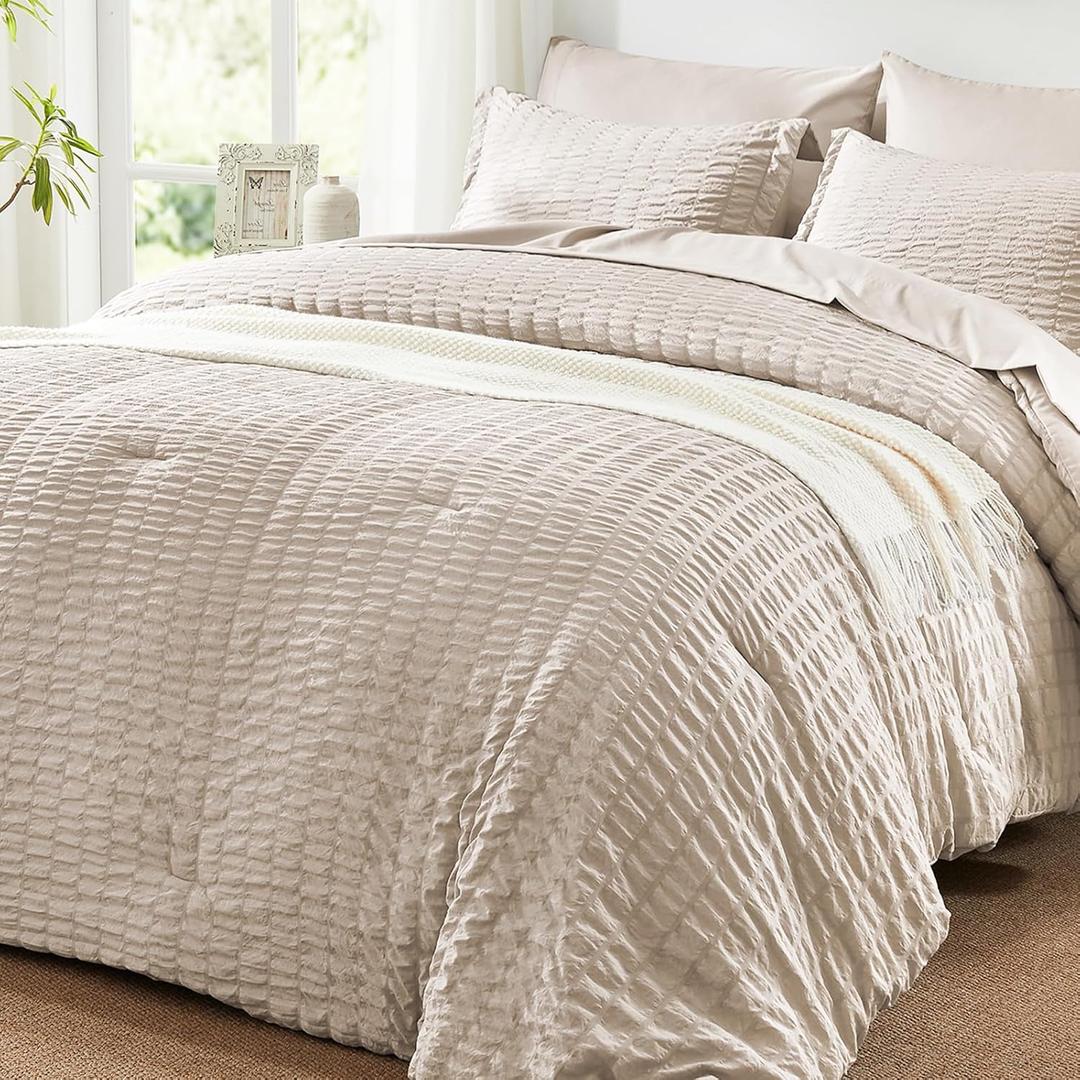 SunStyle Home King Comforter Set 7 Pieces, Beige Seersucker Bed in a Bag Lightweight Bedding Set, All Season Comforters with Flat Sheet, Fitted Sheet, Pillowcase and Pillow Sham