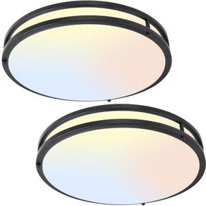 16Inch LED Ceiling Light Fixtures, Flush Mount Light Fixtures 50W, 5CCT Adjustable 2700K 3000K 4000K 5000K 6500K, Close to Ceiling Light for Kitchen Hallway Bathroom Kitchen Bedroom Black 2 Packs