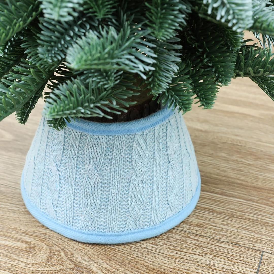 2 x 7.5 Inch Knitted Christmas Tree Collar, Rustic Mini Tree Skirt Base Cover for Small Tabletop Trees, Holiday Home Decor,Light Blue