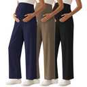 Ecavus 3-Pack Women's Maternity Pants Over Belly Soft Lounge Palazzo Pants Stretch Wide Leg Pregnancy Trousers with Pockets M