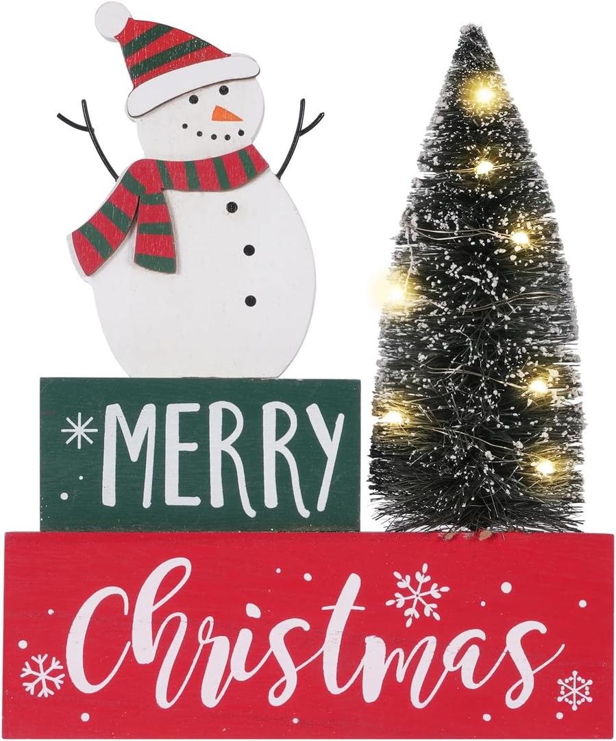 Christmas Decorations for Home LED Lighted Christmas Tree Decor with Timer Farmhouse Snowman Wooden Table Sign Vintage Holiday Xmas Party Winter Tiered Tray Signs