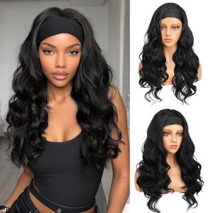 Body Wave Headband Wig for Black Women, Kinky Straight Yaki 22 Inch Wear & Go Glueless Lightweight Heat Resistant Synthetic Headband Wigs, Natural Soft Waves Daily Use (Natural Black)