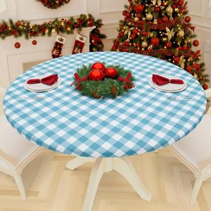 Smiry Round Picnic Tablecloth, Elastic Waterproof Fitted Vinyl Tablecloths for 36"-44" Tables, Flannel Backed Buffalo Plaid Table Cover for Dining, Camping, Outdoor, White and Aqua