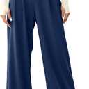 EVALESS Women's Wide Leg Pants Elastic High Waisted Waffle Knit Work Palazzo Pants Business Casual Trousers with Pockets (Blue, S)