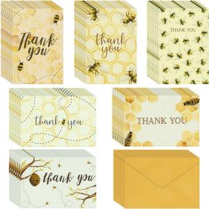 48 Pack Bumble Bee Thank you Cards with Envelopes for Baby Shower, Birthday, 6 Designs, Bulk Set (10.2 x 15.2 cm)