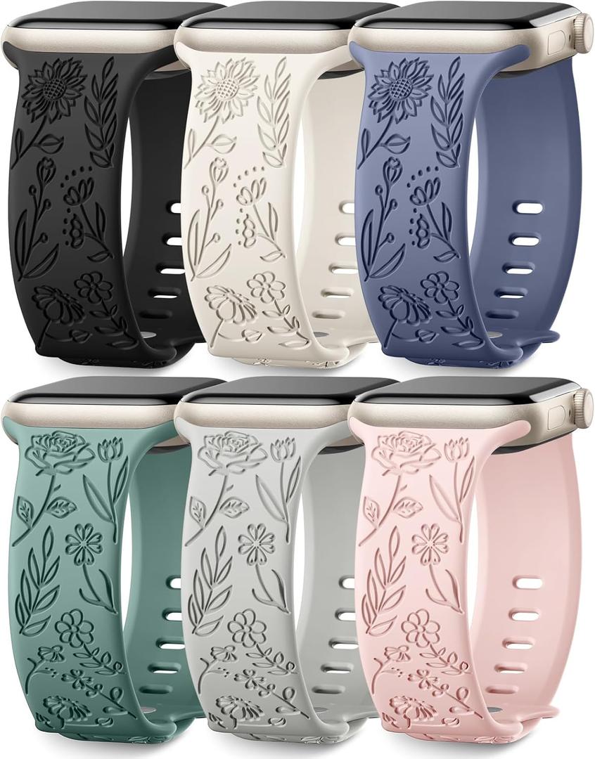 SNBLK 6 Pack Floral Engraved Bands Compatible with Apple Watch Bands 40mm 41mm 42mm 38mm 44mm 45mm 46mm 49mm Women Men, Silicone Flower Pattern Strap for iWatch Series 11 10 Se Ultra 9 8 7 6 5 4 3 2 1 (Black/Starlight/Blue Grey/Pine Green/Grey/Pink Sand)