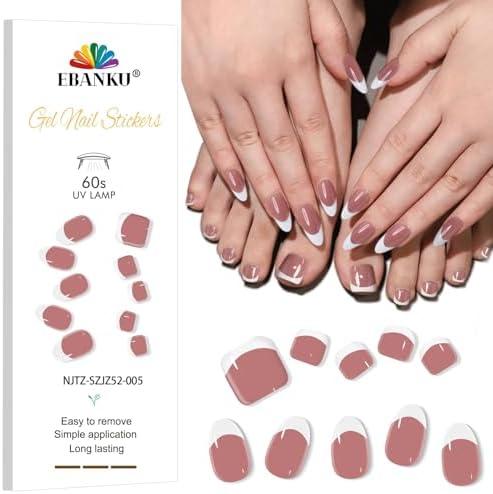 EBANKU Semi Cured Gel Toenail Strips, UV Nail Stickers for Toes, French Sheer Jelly Nude Pink Long-Lasting Manicure Strips With Nail File & Stick, Works With UV Lamps, Set of 5