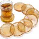 Elsjoy 8 Pack 4 Inch Glass Coasters for Drinks, Amber Tone Modern Clear Coaster Set, Round Crystal Glass Pillar Candle Holder Plates for Table Centerpieces, Home Decor