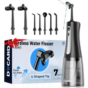 Cordless Water Flosser for Teeth, U-Shaped Flossing 360 Deep Clean, 5 Modes 7 Jet Tips for Adult & Child, Portable Rechargeable Dental Flosser Pick for Braces, Travel, 350ML Large Tank (Black)