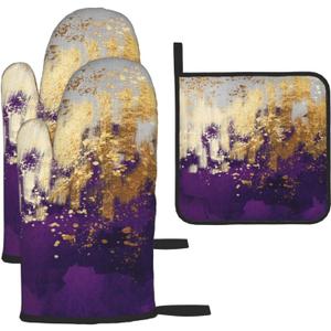 3 - Piece Purple and Gold Splash Patterned Oven Mitts and Pot Holders Set, Heat Resistant Non-Slip Modern Abstract Art Purple Kitchen Gloves for Cooking Baking Grilling, Gifts for Women, Home Decor