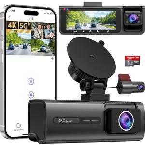 3 Channel 5G WiFi Dash Cam, 4K+1080P+1080P Dash Cam Front and Rear Inside with 32GB Card, 3.16” IPS Screen, G-Sensor, Loop Recording, Parking Monitor, 170° Wide Angle, IR Night Vision, WDR